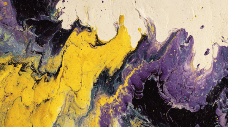 This striking 4K wallpaper embodies an abstract fluid art composition, where vibrant yellow and deep purple paints swirl dramatically across contrasting black and off-white areas. Thick, tactile textures and fine paint speckles create a dynamic visual flow, highlighting the energetic interplay and harmonious blending of these intense hues.