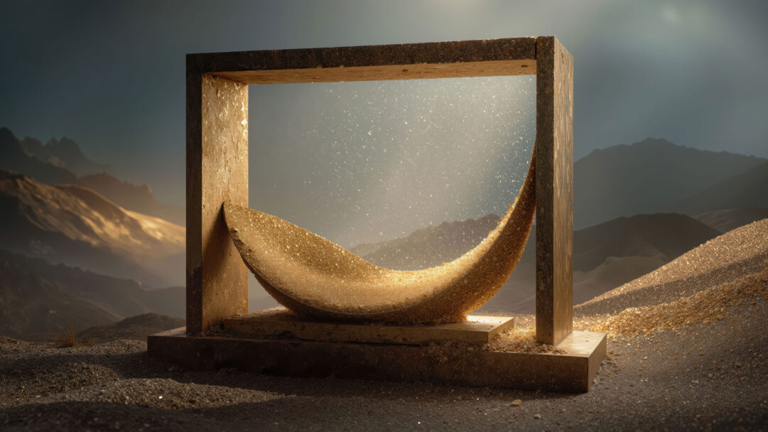 An ethereal 4K wallpaper capturing a golden crescent sculpture made of sparkling granules, nestled within a weathered stone frame in a vast, muted desert landscape. Brilliant light streams from behind, making the granular crescent shimmer and filling the frame with a magical, dust-like luminescence against the dark, distant mountains.