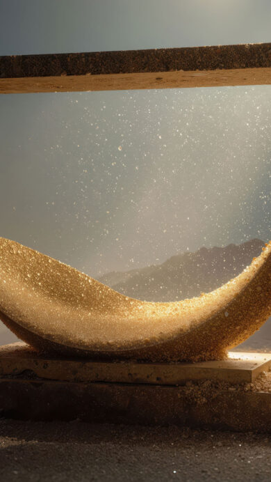 An ethereal 4K wallpaper capturing a golden crescent sculpture made of sparkling granules, nestled within a weathered stone frame in a vast, muted desert landscape. Brilliant light streams from behind, making the granular crescent shimmer and filling the frame with a magical, dust-like luminescence against the dark, distant mountains.