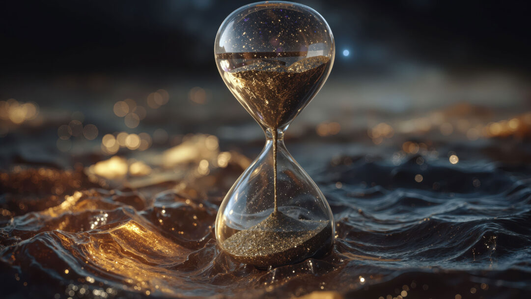 An ethereal 4K wallpaper depicts a golden glitter hourglass centrally positioned amidst a dark, abstract setting of shimmering, liquid-like waves. Golden glitter cascades through the hourglass, its sparkle dramatically contrasted by the dark, undulating surface and the distant, soft golden bokeh lights, evoking a sense of timeless elegance.