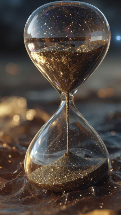 An ethereal 4K wallpaper depicts a golden glitter hourglass centrally positioned amidst a dark, abstract setting of shimmering, liquid-like waves. Golden glitter cascades through the hourglass, its sparkle dramatically contrasted by the dark, undulating surface and the distant, soft golden bokeh lights, evoking a sense of timeless elegance.