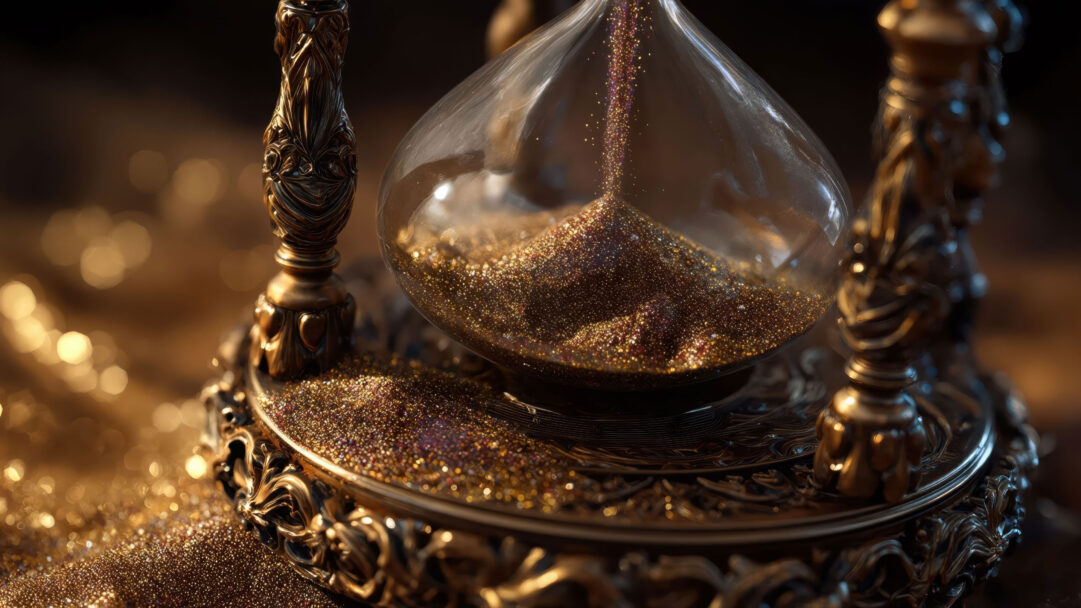 A magnificent 4K wallpaper featuring a golden glitter hourglass, positioned elegantly on a dark, ornately carved golden base. Thousands of sparkling gold and amber glitter particles cascade through the clear glass, collecting in a luminous, shimmering pile that glows against the deep, warm background.