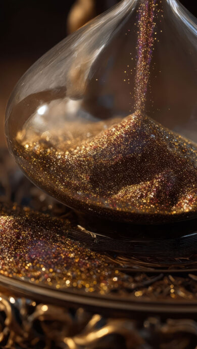 A magnificent 4K wallpaper featuring a golden glitter hourglass, positioned elegantly on a dark, ornately carved golden base. Thousands of sparkling gold and amber glitter particles cascade through the clear glass, collecting in a luminous, shimmering pile that glows against the deep, warm background.