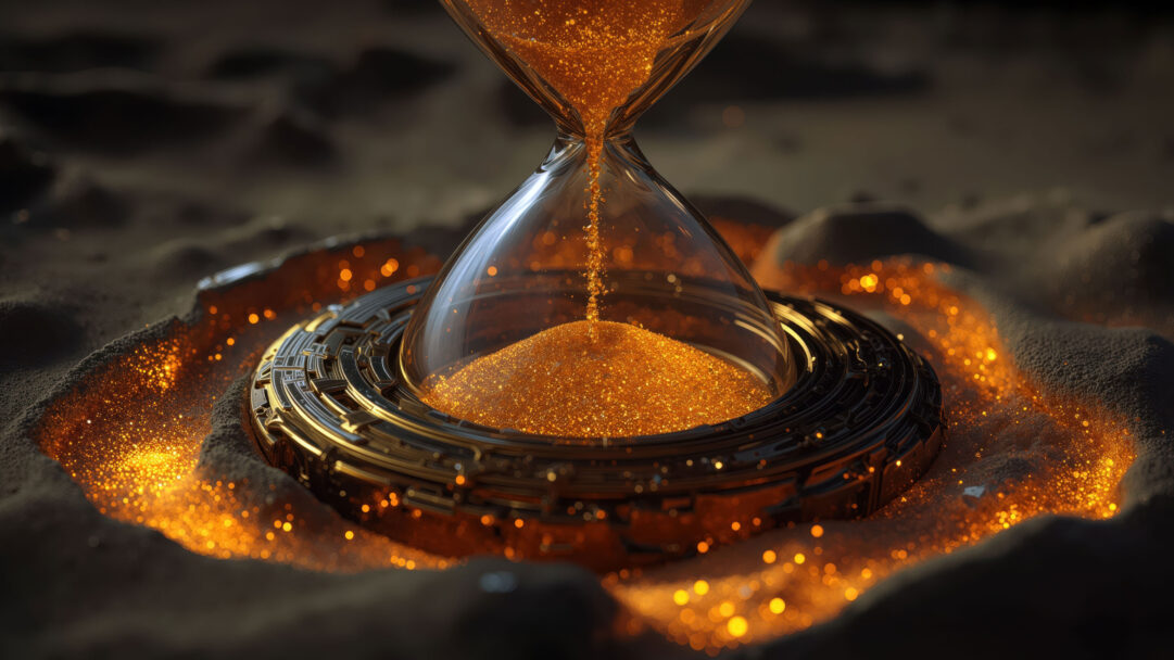 A radiant 4K wallpaper showcases a sleek glass hourglass, its upper bulb brimming with golden glitter sand that streams into the lower chamber. The intense glow of the glitter illuminates the dark, textured ground around an ornate, circular base, creating a captivating contrast of light and shadow.