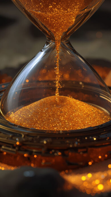 A radiant 4K wallpaper showcases a sleek glass hourglass, its upper bulb brimming with golden glitter sand that streams into the lower chamber. The intense glow of the glitter illuminates the dark, textured ground around an ornate, circular base, creating a captivating contrast of light and shadow.