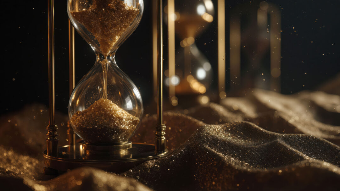 A mesmerizing 4K wallpaper displaying an ornate hourglass filled with glistening golden sand, set against a mysterious dark background. Its elegant glass form showcases streams of golden particles cascading onto a bed of shimmering glitter, evoking a sense of precious, fleeting time.