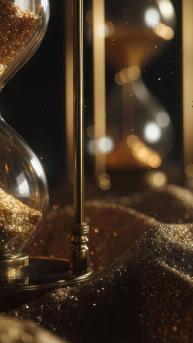 A mesmerizing 4K wallpaper displaying an ornate hourglass filled with glistening golden sand, set against a mysterious dark background. Its elegant glass form showcases streams of golden particles cascading onto a bed of shimmering glitter, evoking a sense of precious, fleeting time.