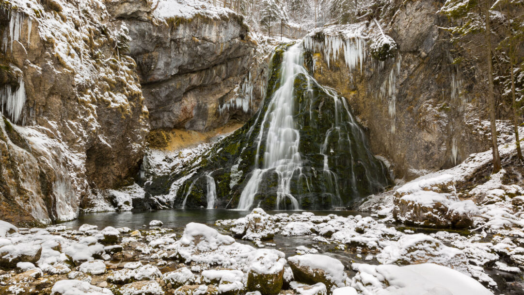 An ethereal 4K wallpaper presents the majestic Golling Waterfall cascading through a snow-laden, rocky gorge in wintery Austria. Numerous sharp icicles cling to the cliffs, providing a stark, glistening contrast to the soft, blurred flow of the water and the tranquil blanket of snow covering the surrounding rocks.