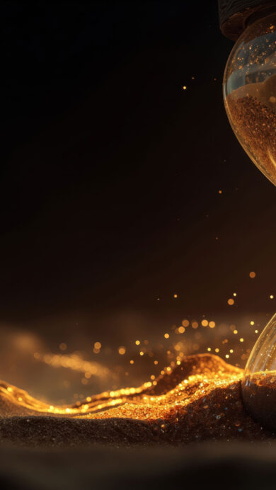 A mesmerizing 4K wallpaper features an elegant hourglass on a dark, mysterious ground, with glowing golden sand actively flowing from its upper chamber. The brilliant golden particles cascade downwards, illuminating the surrounding dark sand into glittering dunes and creating a magical, ethereal glow against the deep black backdrop.