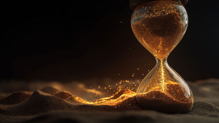 A mesmerizing 4K wallpaper features an elegant hourglass on a dark, mysterious ground, with glowing golden sand actively flowing from its upper chamber. The brilliant golden particles cascade downwards, illuminating the surrounding dark sand into glittering dunes and creating a magical, ethereal glow against the deep black backdrop.
