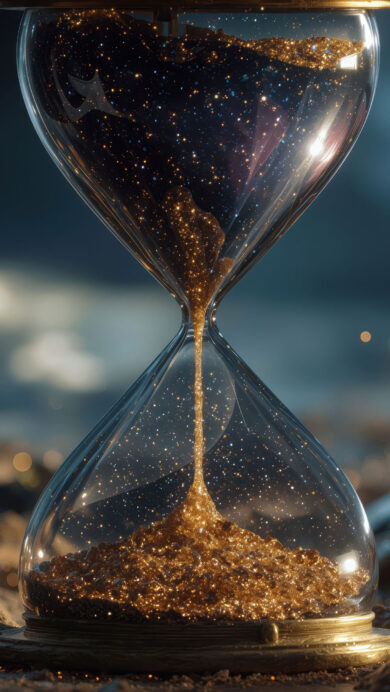 An ethereal 4K wallpaper featuring a grand hourglass with shimmering golden sand cascading within, set against a dark, textured landscape. The opulent, star-like glitter of the golden sand fills both chambers, dramatically illuminated as it flows, creating a captivating contrast with the mysterious, shadowy terrain.
