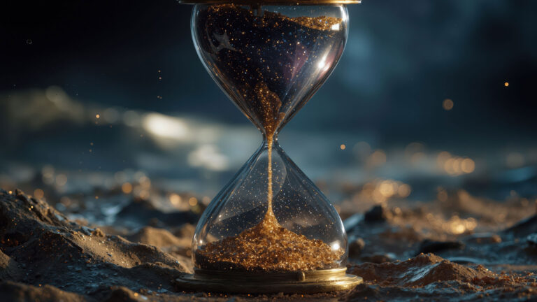An ethereal 4K wallpaper featuring a grand hourglass with shimmering golden sand cascading within, set against a dark, textured landscape. The opulent, star-like glitter of the golden sand fills both chambers, dramatically illuminated as it flows, creating a captivating contrast with the mysterious, shadowy terrain.