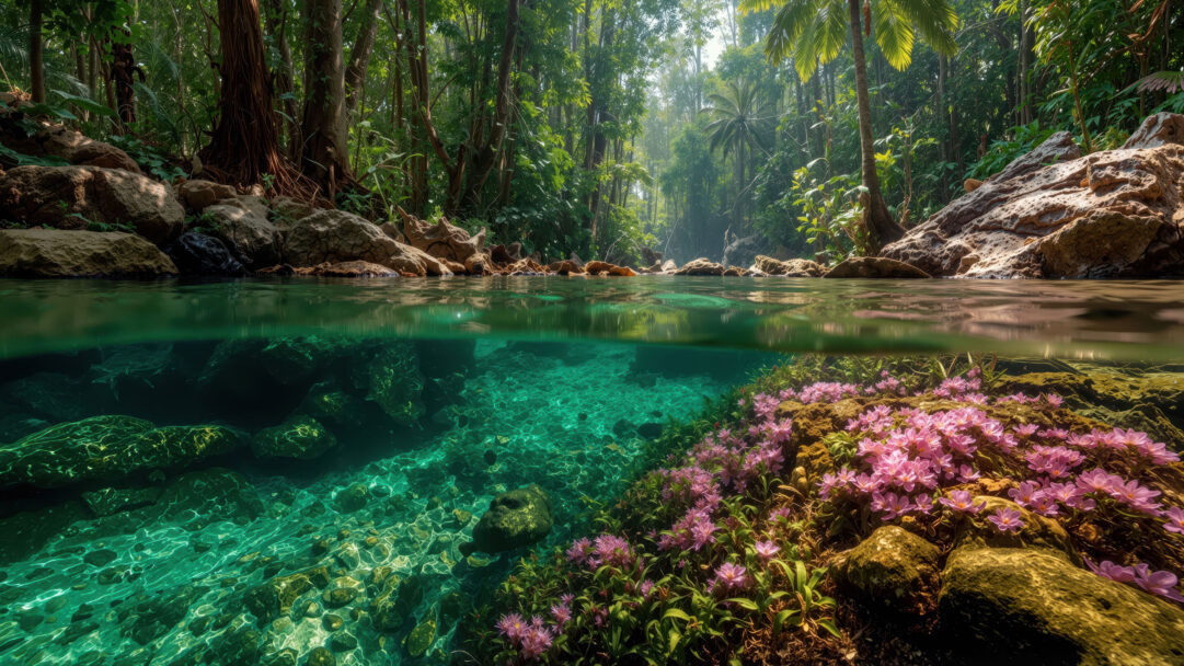 An exquisite 4K wallpaper displays a tropical jungle river with a striking split view, revealing both its lush banks and clear depths. Above, vibrant green foliage thrives under dappled sunlight, while below, abundant pink flowers carpet the riverbed, beautifully illuminated by the turquoise water.
