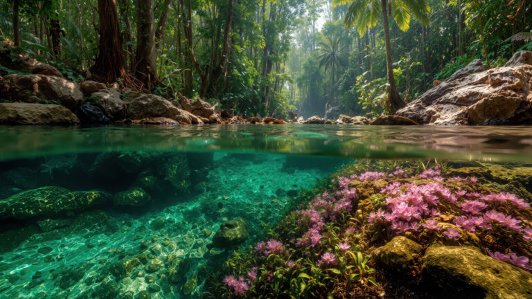 An exquisite 4K wallpaper displays a tropical jungle river with a striking split view, revealing both its lush banks and clear depths. Above, vibrant green foliage thrives under dappled sunlight, while below, abundant pink flowers carpet the riverbed, beautifully illuminated by the turquoise water.