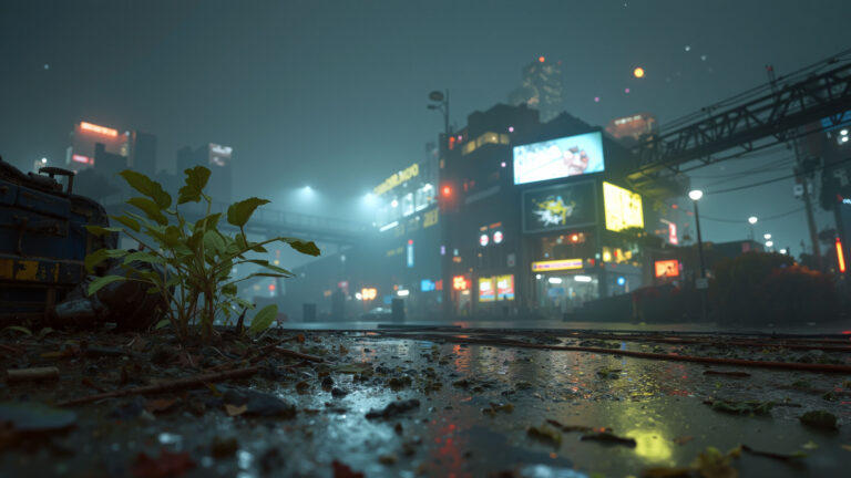 A haunting 4K wallpaper captures a misty cyberpunk street scene, focusing on a resilient plant growing in the grimy foreground with neon-lit buildings in the distance. The wet ground brilliantly reflects the vibrant, blurred city lights, creating a moody, atmospheric depth that defines the urban decay and artificial glow.