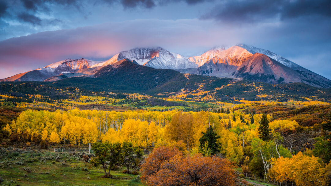 An awe-inspiring 4K wallpaper capturing the majestic Mount Sopris in Colorado, its snow-dusted peaks rising above vast forests of golden autumn foliage. Warm sunlight paints the upper slopes of the mountains a vibrant orange, contrasting with the brilliant yellow aspen trees and a dramatic, clouded sky.