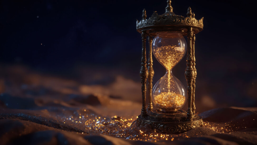 A magical 4K wallpaper unveils an intricately ornate gold hourglass, filled with cascading golden glitter, dramatically set against a vast dark background. The golden glitter shimmers brightly, both within the glass and scattered across the subtly textured ground, creating a mystic glow against the deep, star-dusted night sky.