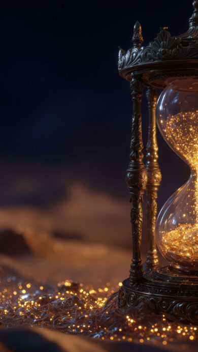A magical 4K wallpaper unveils an intricately ornate gold hourglass, filled with cascading golden glitter, dramatically set against a vast dark background. The golden glitter shimmers brightly, both within the glass and scattered across the subtly textured ground, creating a mystic glow against the deep, star-dusted night sky.
