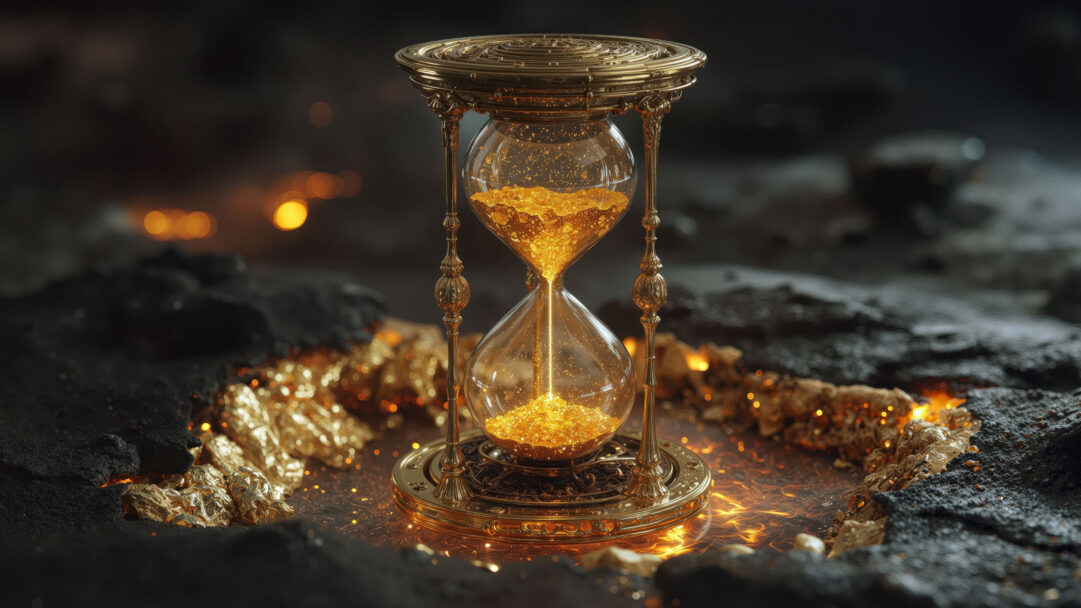 A luxurious 4K wallpaper showcases an ornate golden hourglass, grandly positioned within a dark, abstract environment. Its radiant gold framework and shimmering stream of gold particles, caught mid-flow, dramatically light the surrounding abstract dark textures, where scattered golden nuggets and glowing specks create an atmosphere of profound, precious time.