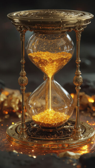 A luxurious 4K wallpaper showcases an ornate golden hourglass, grandly positioned within a dark, abstract environment. Its radiant gold framework and shimmering stream of gold particles, caught mid-flow, dramatically light the surrounding abstract dark textures, where scattered golden nuggets and glowing specks create an atmosphere of profound, precious time.