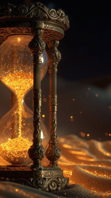 A magical 4K wallpaper features an ornate golden hourglass, richly detailed, positioned on subtly rippled sand dunes. The hourglass contains shimmering golden glitter pouring through, mirroring the countless sparkling particles that illuminate the desert floor and ascend into the deep, mysterious night sky.