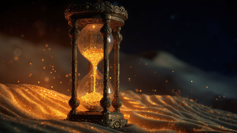 A magical 4K wallpaper features an ornate golden hourglass, richly detailed, positioned on subtly rippled sand dunes. The hourglass contains shimmering golden glitter pouring through, mirroring the countless sparkling particles that illuminate the desert floor and ascend into the deep, mysterious night sky.