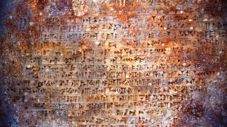 An intricate 4K wallpaper showcasing ancient cuneiform stone carvings covering a weathered wall from Persepolis. Its surface reveals countless wedge-shaped symbols etched into richly textured stone, marked by centuries of exposure with deep reddish-browns and hints of faded blue.