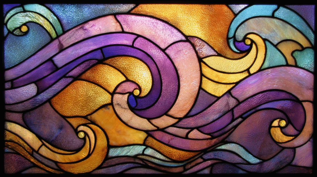 A mesmerizing 4K wallpaper features an abstract stained glass design of dynamic, curling waves rendered in prominent shades of purple and gold. The textured glass panels glow with a vibrant light, creating a shimmering interplay of deep purples, rich golds, and hints of teal and blue.