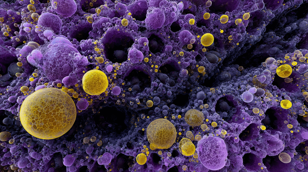 A mesmerizing 4K wallpaper of abstract fractal spheres reveals a vast, intricate purple network dotted with numerous yellow spheres of varying sizes. The deep purple fractal surface, textured like a cosmic sponge, is beautifully contrasted by the luminous, detailed yellow spheres that seem to float and embed within it, creating an alien yet captivating landscape.