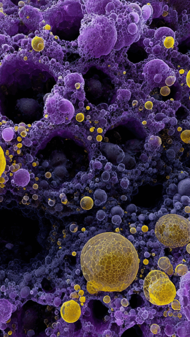 A mesmerizing 4K wallpaper of abstract fractal spheres reveals a vast, intricate purple network dotted with numerous yellow spheres of varying sizes. The deep purple fractal surface, textured like a cosmic sponge, is beautifully contrasted by the luminous, detailed yellow spheres that seem to float and embed within it, creating an alien yet captivating landscape.