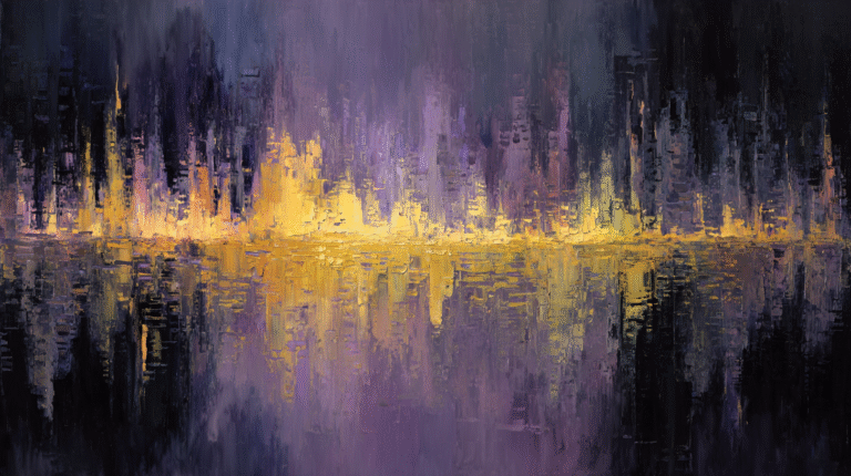 A captivating 4K wallpaper presents a textured abstract city skyline, vibrant with golden light, reflecting across a dark, purple-hued body of water. Thick impasto brushstrokes create a dynamic interplay between the brilliant gold lights of the city above and their shimmering, fractured reflections in the deep purple and black water below, defining a dramatic and moody urban scene.