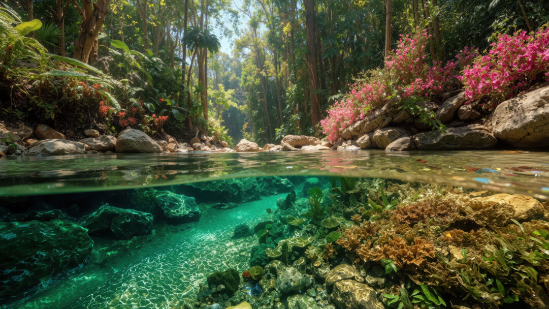An immersive 4K wallpaper presents a tropical jungle river, captured in a unique split view that reveals both the vibrant forest above and the pristine aquatic world below. The crystal-clear emerald water, illuminated by dappled sunlight creating intricate light patterns on the riverbed, contrasts beautifully with the lush greenery and bursts of bright pink flowers lining the rocky banks.