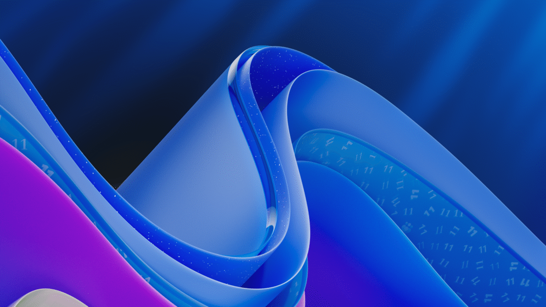 A dynamic 4K wallpaper showcasing intertwining ribbons and graceful waves in rich shades of blue and purple, set against a deep, dark backdrop that alludes to a Windows 11 Anniversary theme. Subtle patterns of the number '11' are visible within the translucent blue forms, with sparkling white flecks adding a sophisticated, celebratory depth to the abstract composition.