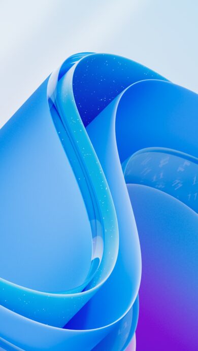 A sleek 4K wallpaper displaying an abstract composition of flowing, intertwined ribbons in vibrant blues and deep purples, subtly embedded with '11' motifs. Soft ambient light enhances the glossy textures and delicate white speckles, creating dynamic highlights and a luminous, celebratory feel befitting a Windows 11 anniversary.