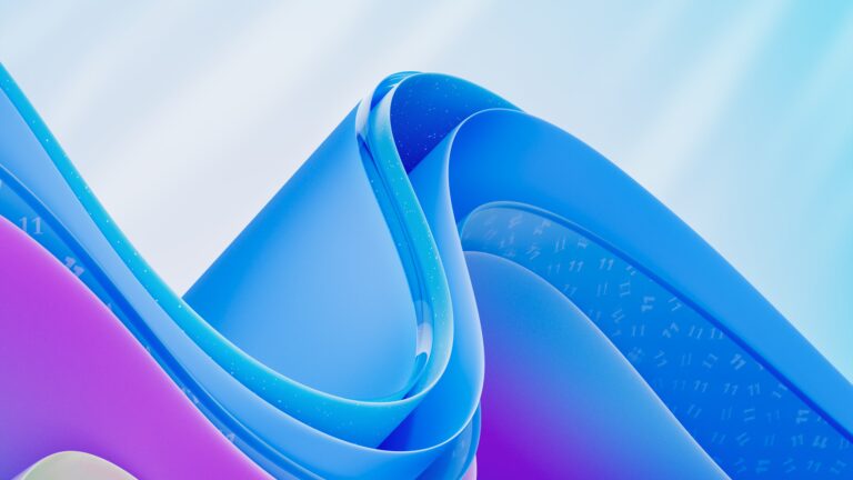 A sleek 4K wallpaper displaying an abstract composition of flowing, intertwined ribbons in vibrant blues and deep purples, subtly embedded with '11' motifs. Soft ambient light enhances the glossy textures and delicate white speckles, creating dynamic highlights and a luminous, celebratory feel befitting a Windows 11 anniversary.