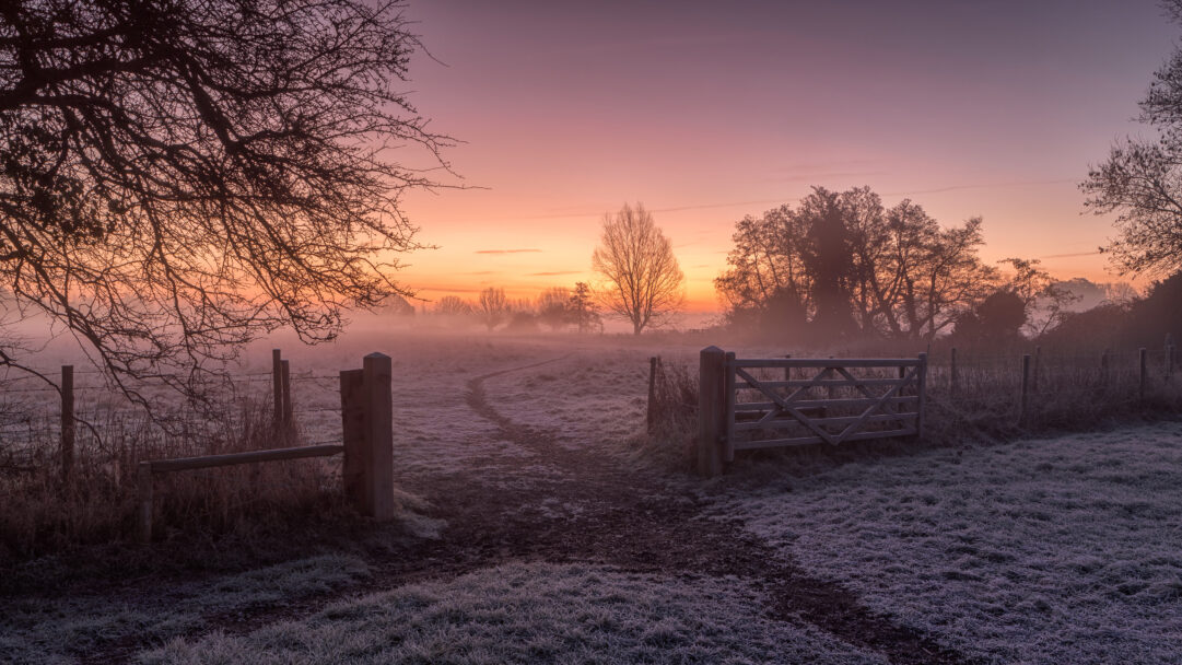 An ethereal 4K wallpaper captures a winding path through a frosted field, marked by a wooden gate, under a serene winter sunrise in Dedham, Colchester, England. The expansive field, sparkling with white frost, is gently veiled in morning mist, while the dramatic, warm glow of the rising sun paints the sky in shades of orange and purple, creating a tranquil and vivid atmosphere.