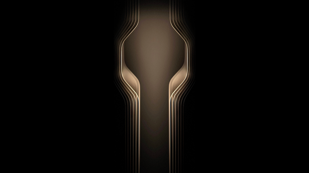 An opulent 4K wallpaper presents an abstract design of numerous dark gold curved lines against a deep black background, forming a luminous, symmetrical central figure. The subtle, radiant glow along the edges of the layered metallic gold curves emphasizes their sleek form and creates a captivating illusion of depth and movement.
