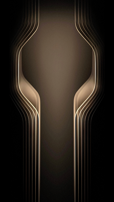 An opulent 4K wallpaper presents an abstract design of numerous dark gold curved lines against a deep black background, forming a luminous, symmetrical central figure. The subtle, radiant glow along the edges of the layered metallic gold curves emphasizes their sleek form and creates a captivating illusion of depth and movement.