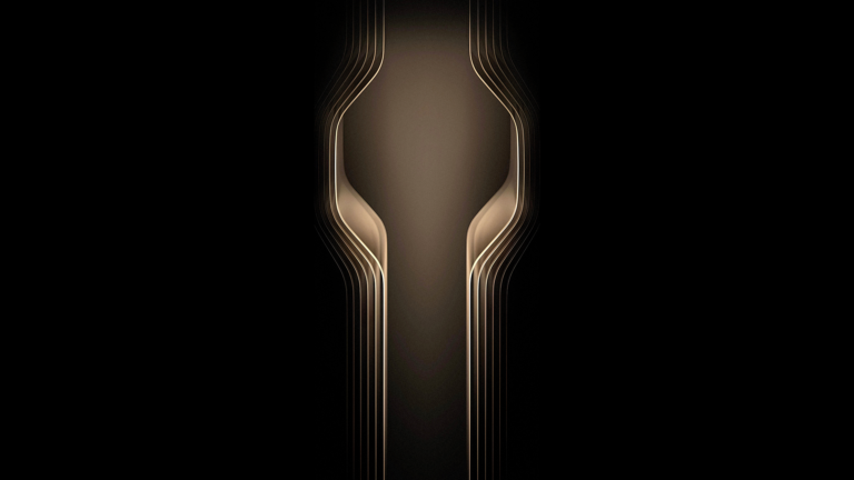 An opulent 4K wallpaper presents an abstract design of numerous dark gold curved lines against a deep black background, forming a luminous, symmetrical central figure. The subtle, radiant glow along the edges of the layered metallic gold curves emphasizes their sleek form and creates a captivating illusion of depth and movement.