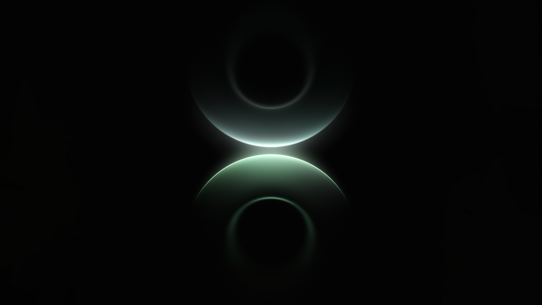 An enigmatic 4K wallpaper presents abstract glowing blue-green shapes, resembling two mirrored partial circles or arcs, set against a deep black background. A vibrant central line of light emanates where the shapes almost touch, transitioning into soft, luminous blue and green gradients that dissolve into the dark void, creating a serene and futuristic mood.