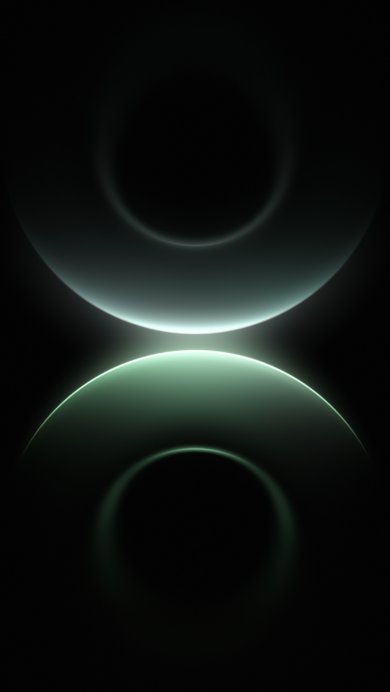 An enigmatic 4K wallpaper presents abstract glowing blue-green shapes, resembling two mirrored partial circles or arcs, set against a deep black background. A vibrant central line of light emanates where the shapes almost touch, transitioning into soft, luminous blue and green gradients that dissolve into the dark void, creating a serene and futuristic mood.