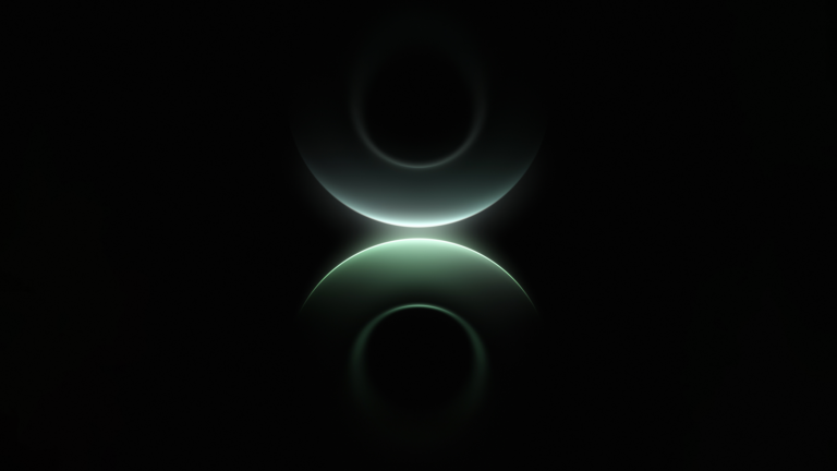 An enigmatic 4K wallpaper presents abstract glowing blue-green shapes, resembling two mirrored partial circles or arcs, set against a deep black background. A vibrant central line of light emanates where the shapes almost touch, transitioning into soft, luminous blue and green gradients that dissolve into the dark void, creating a serene and futuristic mood.