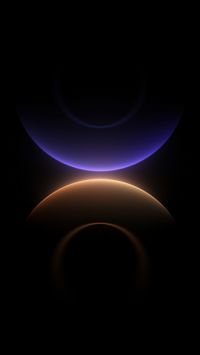 A deep 4K wallpaper highlights abstract glowing purple and orange rings, subtly positioned against a profound dark background. The ethereal glow from these distinct upper purple and lower orange arcs creates a mesmerizing, balanced composition, evoking a sense of cosmic serenity.