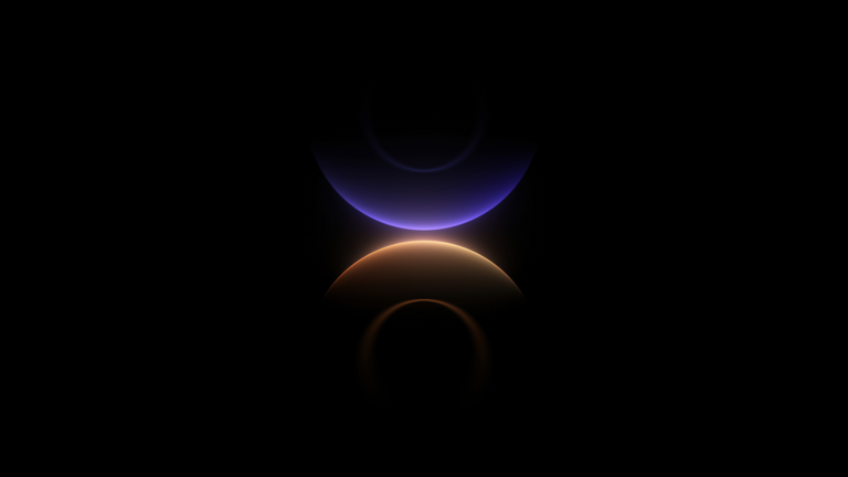 A deep 4K wallpaper highlights abstract glowing purple and orange rings, subtly positioned against a profound dark background. The ethereal glow from these distinct upper purple and lower orange arcs creates a mesmerizing, balanced composition, evoking a sense of cosmic serenity.