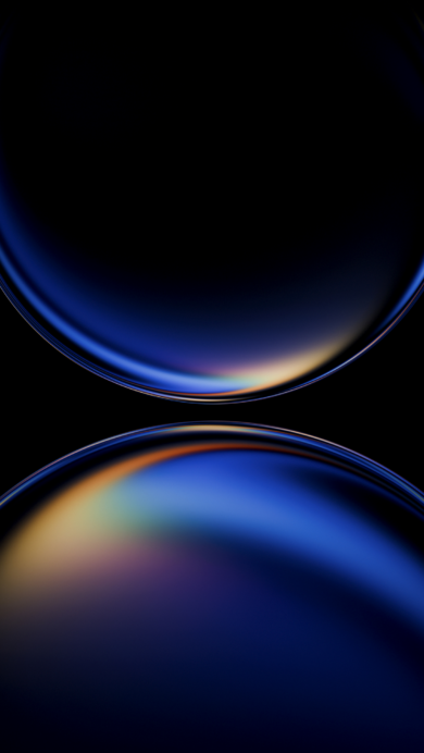An enchanting 4K wallpaper presents two abstract, iridescent blue and yellow curved shapes positioned vertically against a deep dark background. Luminous bands of golden yellow and fiery orange blend seamlessly with rich indigo and sapphire blues, creating a striking visual depth and a serene, mystical atmosphere.