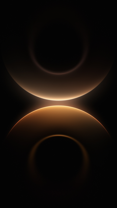 A mesmerizing 4K wallpaper featuring abstract orange gold arcs against a deep black background. The two luminous arcs subtly reflect each other, glowing intensely where they almost meet at the center, creating a soft, ethereal light transition that evokes a sense of cosmic serenity.