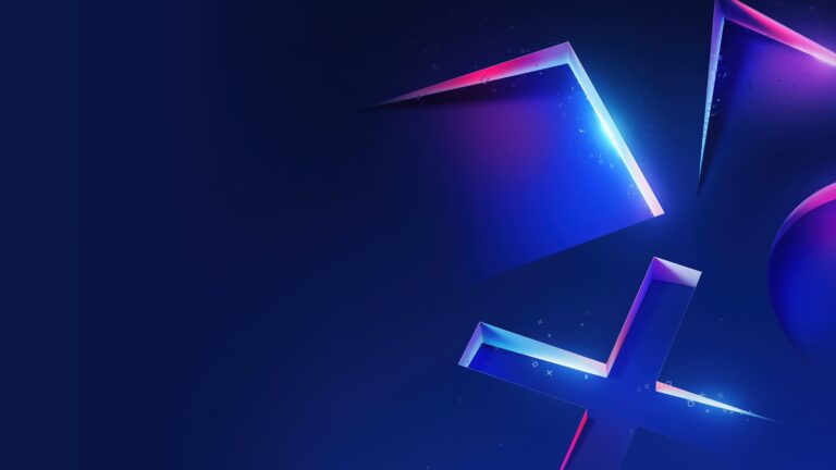An electrifying 4K wallpaper features abstract, neon-lit PlayStation symbols rendered as geometric shapes against a deep blue and purple gradient background. The symbols glow with vibrant blue and magenta neon, sharply cutting through the dark space and evoking a modern, energetic gaming aesthetic.