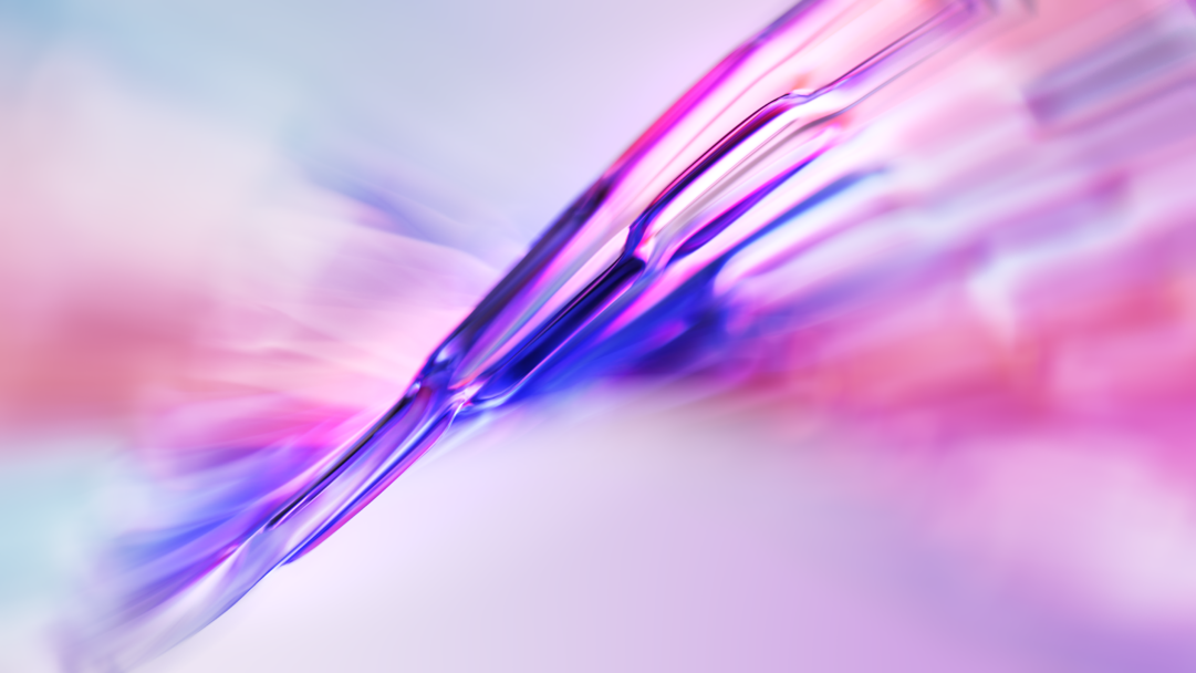 A mesmerizing 4K wallpaper capturing an abstract fluid glass flow in vibrant purple, pink, and blue hues. The translucent forms shimmer with radiant highlights, showcasing the smooth transition of colors against a soft, glowing backdrop that defines its elegant and tranquil mood.