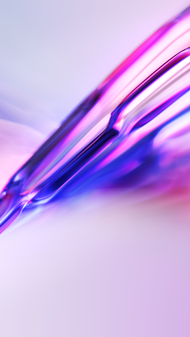 A mesmerizing 4K wallpaper capturing an abstract fluid glass flow in vibrant purple, pink, and blue hues. The translucent forms shimmer with radiant highlights, showcasing the smooth transition of colors against a soft, glowing backdrop that defines its elegant and tranquil mood.