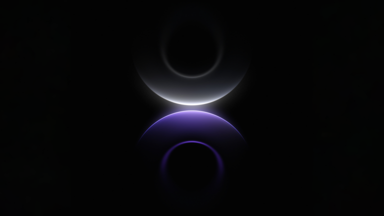 A captivating 4K wallpaper showcases abstract purple and white glowing arcs against a dark background. Their soft, luminous edges create a striking interplay of light and shadow, evoking a tranquil and futuristic mood.